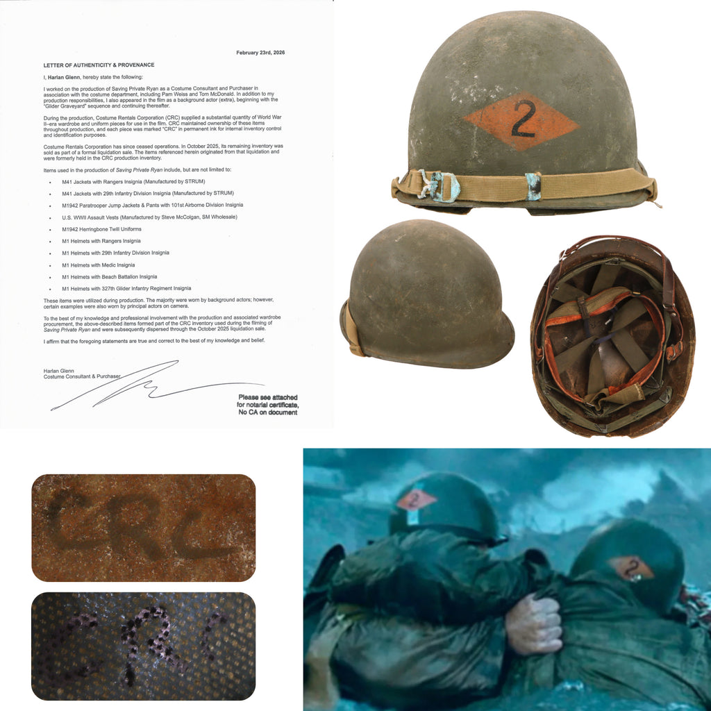 Original U.S. M1 Helmet Used in Saving Private Ryan – 2nd Ranger Battalion – With Copy of Notarized Letter of Authenticity Original Items
