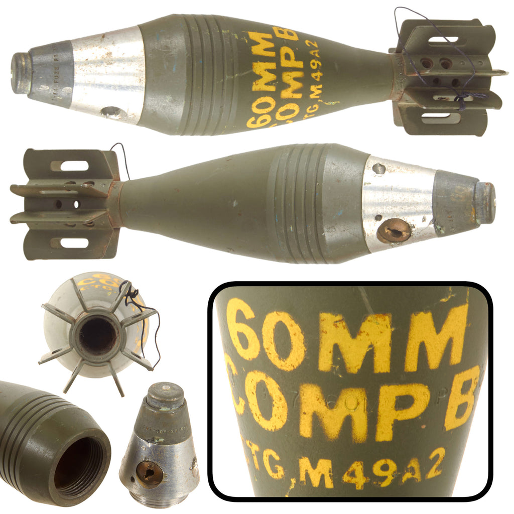 Original U.S. Vietnam War 60mm HE M50A2E1 Mortar Round with PD M52A2 Fuze - Dated 1954 & 1967