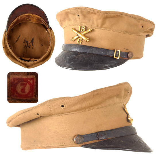 Original U.S. Pre-WWI New York 13th Field Artillery M1902 Khaki Enlisted Men’s Field Visor Cap - Marked 1.S.C.N.Y. - Size 7 Original Items