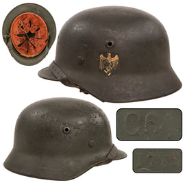 Original German WWII Heer Army Single Decal M40 Steel Helmet with Age Toned Eagle, 57cm Liner and Chinstrap, Stamped Q64, Lot No. T775