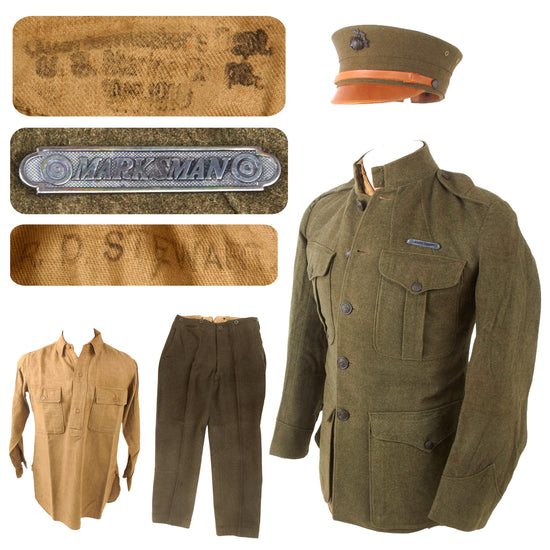 Original U.S. WWI USMC Named P1917 Forest Green Uniform Jacket & Trousers with High Quality Reproduction Bell Crown Visor Cap & Shirt Original Items