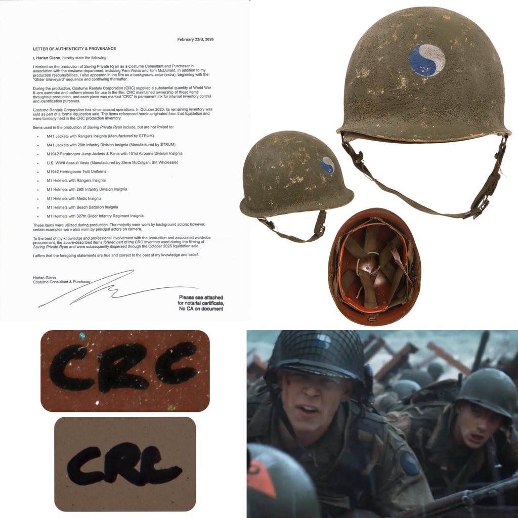 Original U.S. M1 Helmet Used in Steven Spielberg’s Saving Private Ryan with 29th Infantry Division Insignia and Copy of Notarized Letter of Authenticity Original Items
