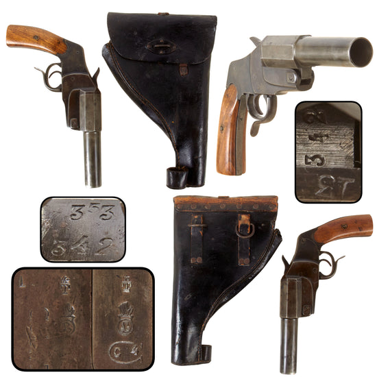 Original German WWI / WWII Cut-Down Hebel Leuchtpistole Model 1894 Lever Action Flare Gun in Black Preßstoff & Leather Flare Pistol Holster