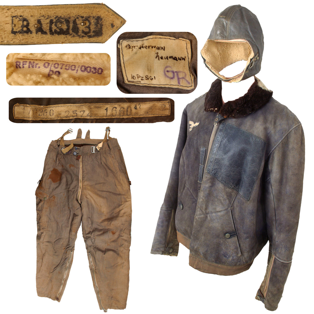 Original German WWII Luftwaffe Pilot's Brown Leather Shearling Flight Jacket with Modified Fur-lined Winter Flying "Channel Pants" Trousers & Sheepskin Lined Leather Winter Flying Helmet