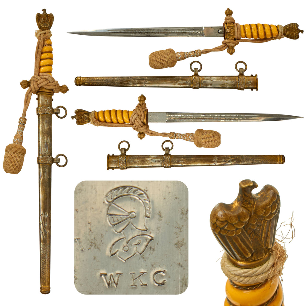 Original WWII German 2nd Model Kriegsmarine Naval Dagger by WKC Waffenfabrik with Steel Lightning Bolt Scabbard and Portepee - Replaced Period Parts Original Items