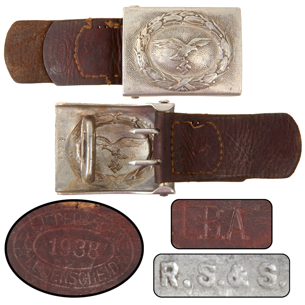 Original German Pre-WWII Luftwaffe EM/NCO 1938 Dated Pebbled Aluminum Belt Buckle by Richard Sieper & Söhne with L.B.A. Marked Leather Tab Original Items