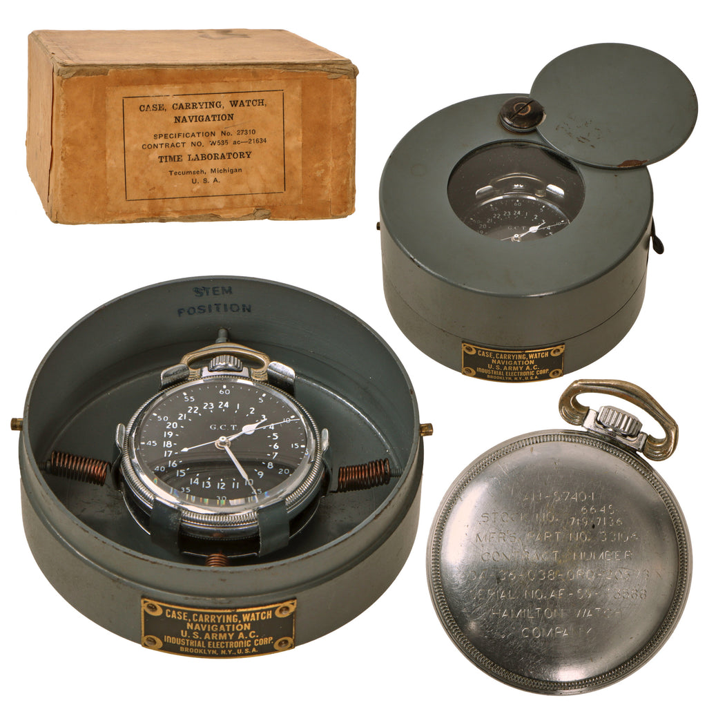 Original Cold War Era USAAF 1959 Hamilton AN5740-1 G.C.T Navigator Pocket Watch with WWII Carry Case and Box - Identical to WWII Issue Original Items
