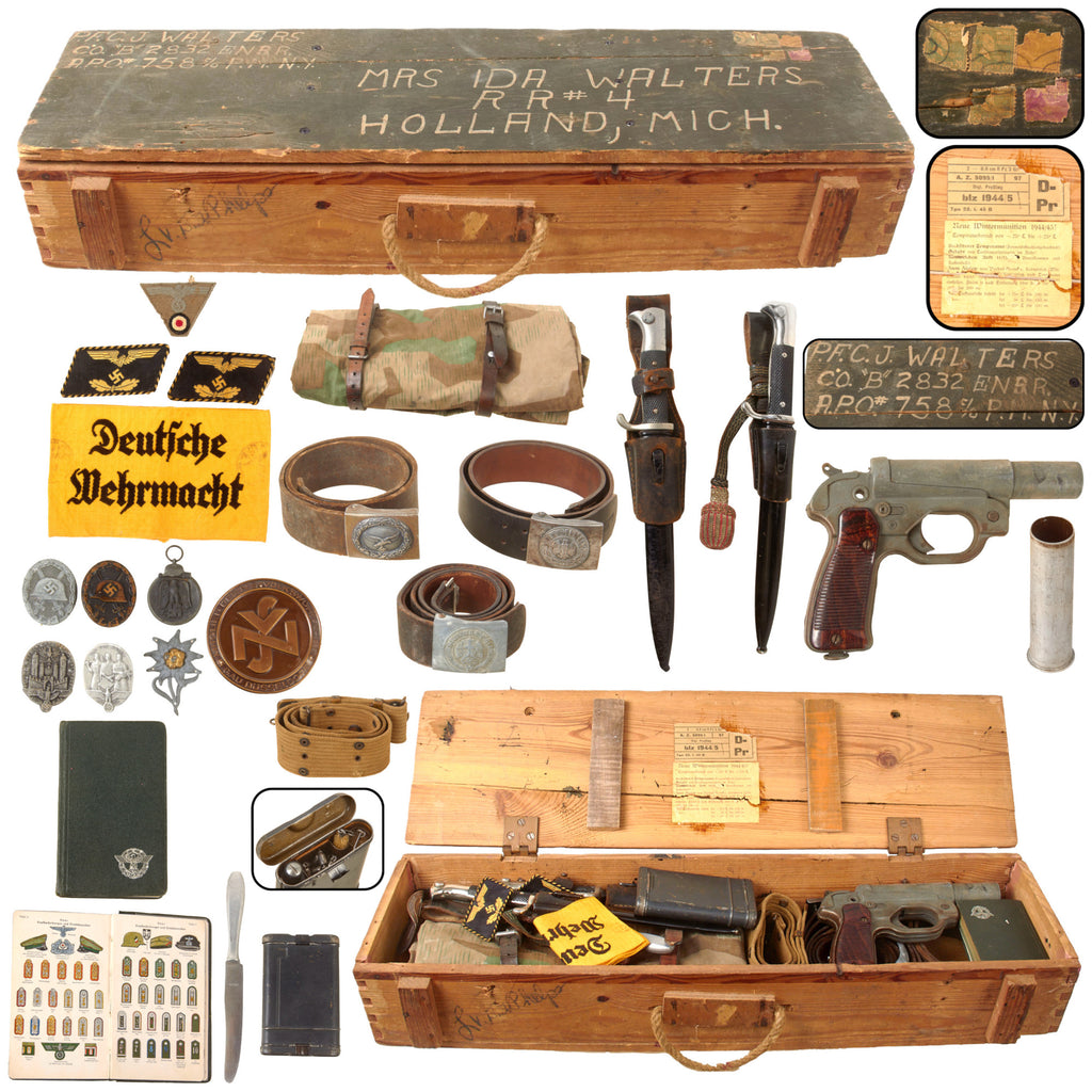 Original U.S. WWII PFC J. Walters 2832nd Engineer Combat Battalion Veteran Bring-Back Grouping in German Panzerschreck Ammunition Crate - Extensive Original Items