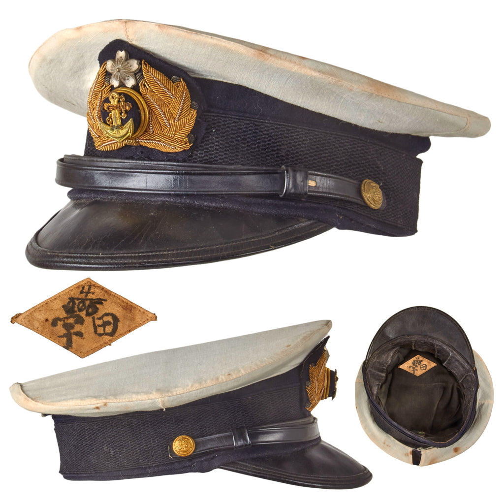 Original WWII Imperial Japanese Navy IJN Officer Visor Cap with White Foul Weather Cover with Nametag Inside