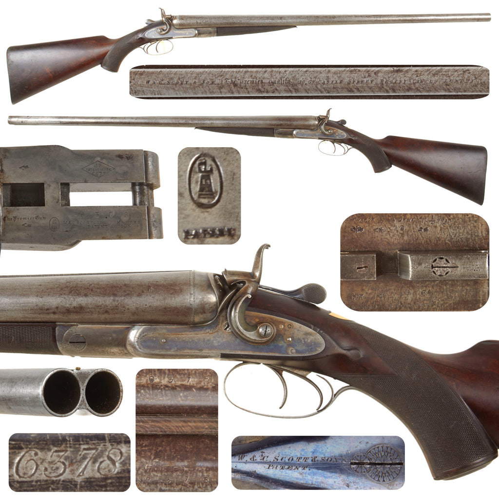 Original British 10 Bore Double Damascus Barrel W. & C. Scott & Son "Premier" Hammer Shotgun with Figured Walnut Stock Serial 6378 - Circa 1878