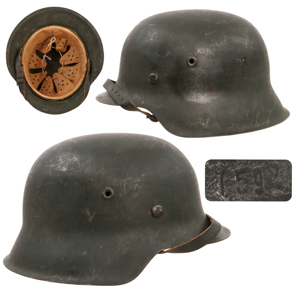 Original German WWII Large M42 Heer Army No Decal Helmet with 44 Dated 58cm Liner & Replica Chinstrap - Stamped EF66 Original Items