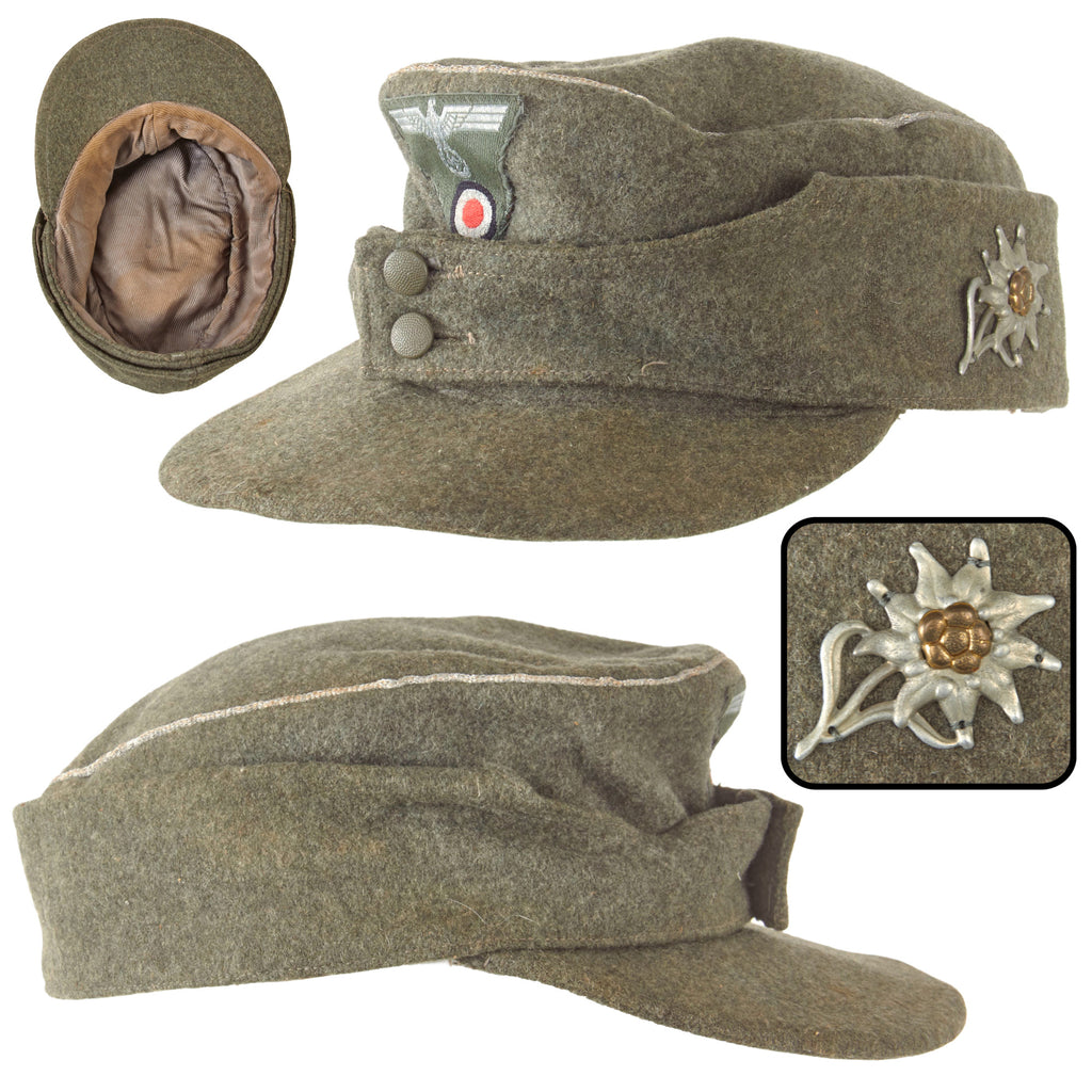 Original German WWII Heer Gebirgsjäger Officer M43 Style Bergmütze Field Cap with Edelweiß Badge, Approximate Size 57 Original Items