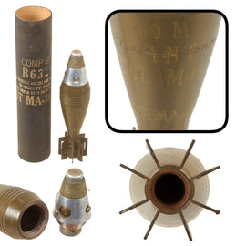 Original U.S. Vietnam War Inert 60mm TNT M49A2 Mortar Round in Original Husk Container with PD M52A2 Fuze - Dated 1953 & 1955