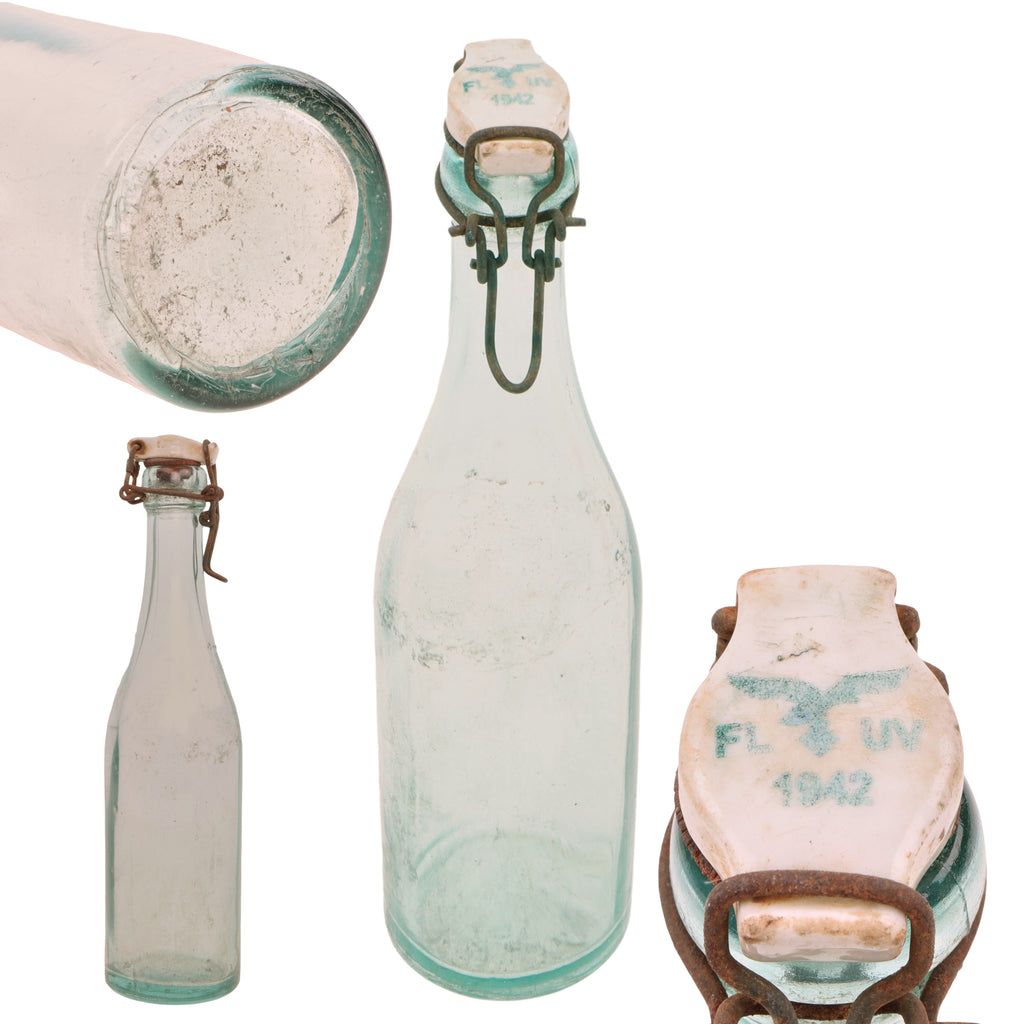 Original German WWII Luftwaffe FL UV Marked Thick Clear Glass Beer or Wine Bottle - Dated 1942