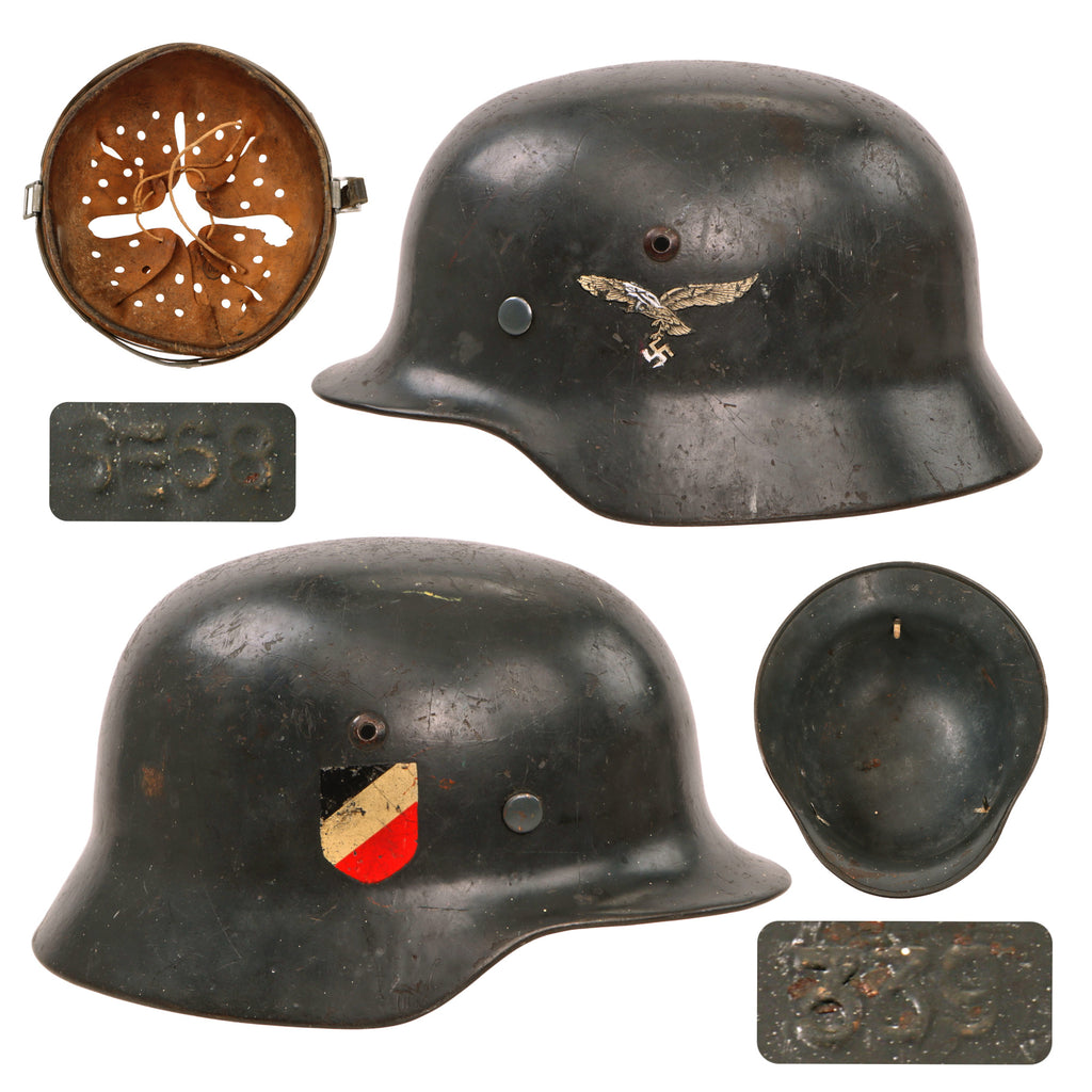 Original German WWII Luftwaffe M35 Double Decal Steel Helmet Shell with Unit Marked 1937 Dated Detached 55cm Liner - marked SE68 Original Items