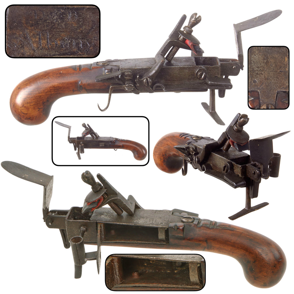 Original 18th Century Flintlock Tinder Lighter Marked D ✳ B / Albany with Integral Candlestick, Tinder Box, and Iron Stand, Circa 1775-1800