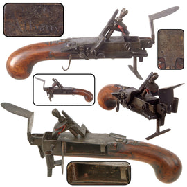 Original 18th Century Flintlock Tinder Lighter Marked D ✳ B / Albany with Integral Candlestick, Tinder Box, and Iron Stand, Circa 1775-1800