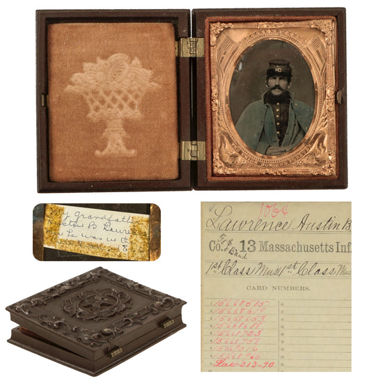 Original U.S. Civil War Identified 13th Massachusetts Infantry Musician Ninth Plate Tintype Photograph with Patriotic Case “The Union Now And Forever” - Austin B. Lawrence Original Items
