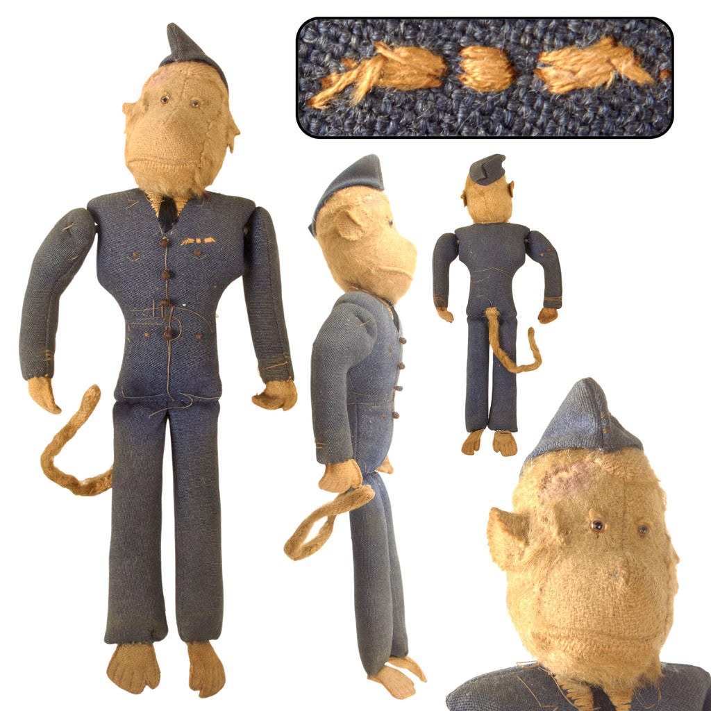Original British WWII Era Royal Air Force RAF Handmade Monkey Doll with Cap & Wings - Attributed to J. K. Farnell & Co. of London