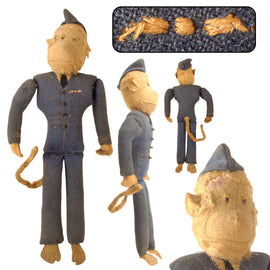 Original British WWII Era Royal Air Force RAF Handmade Monkey Doll with Cap & Wings - Attributed to J. K. Farnell & Co. of London