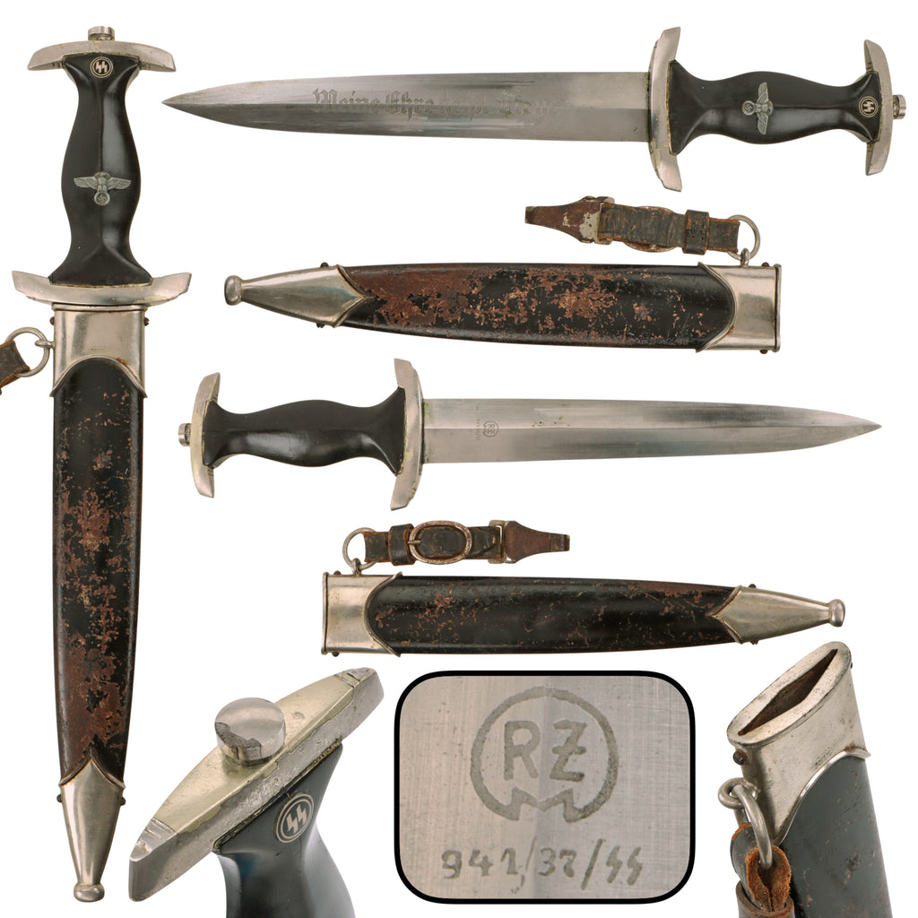 Original German WWII Model 1933 SS Dienstdolch Service Dagger by Carl Eickhorn of Solingen with Scabbard & Assmann Hanger, RZM 941 / 37 / ᛋᛋ