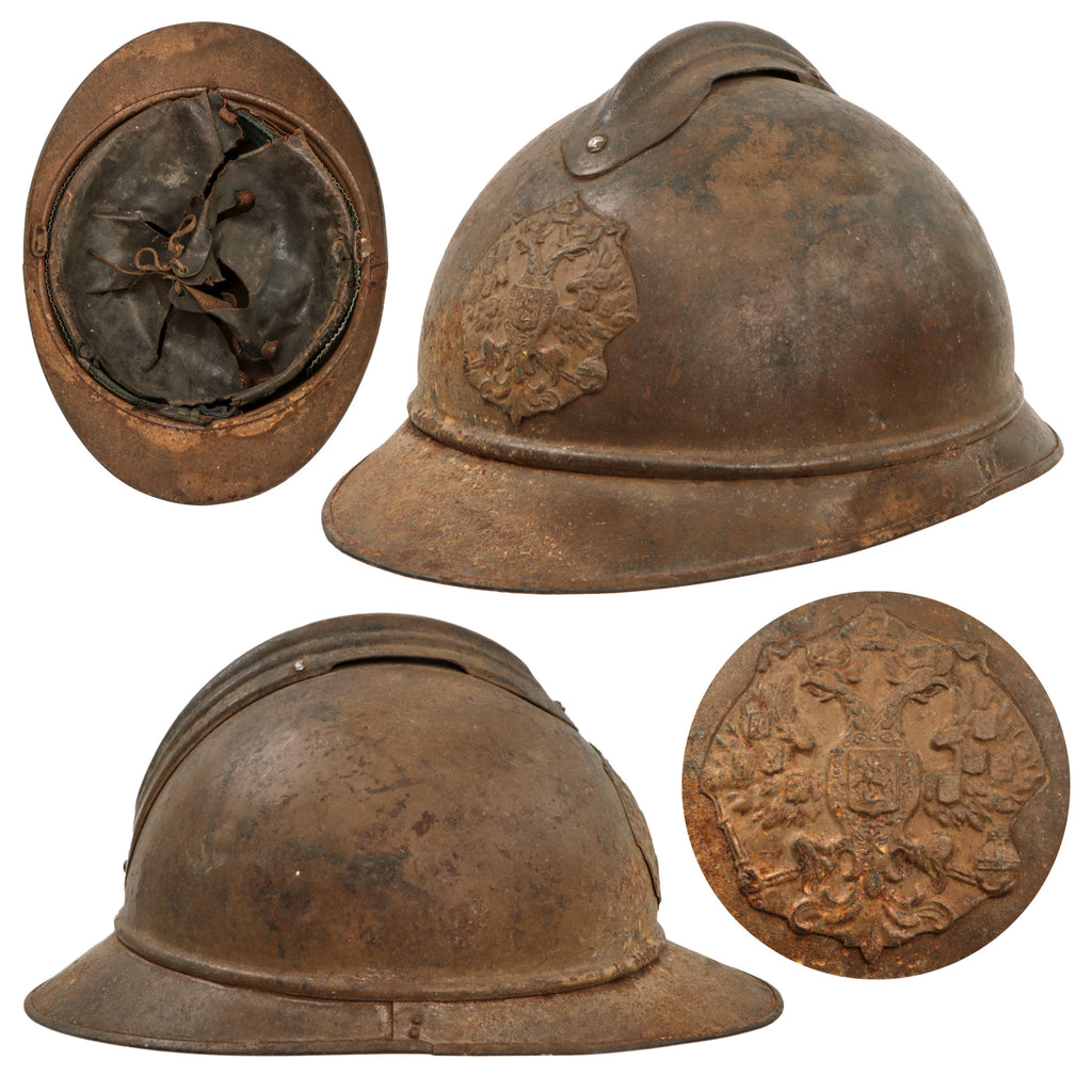 Original Rare Russian WWI 2nd Issue M-1915 French Adrian Helmet with Russian Plate & 1st Pattern Liner