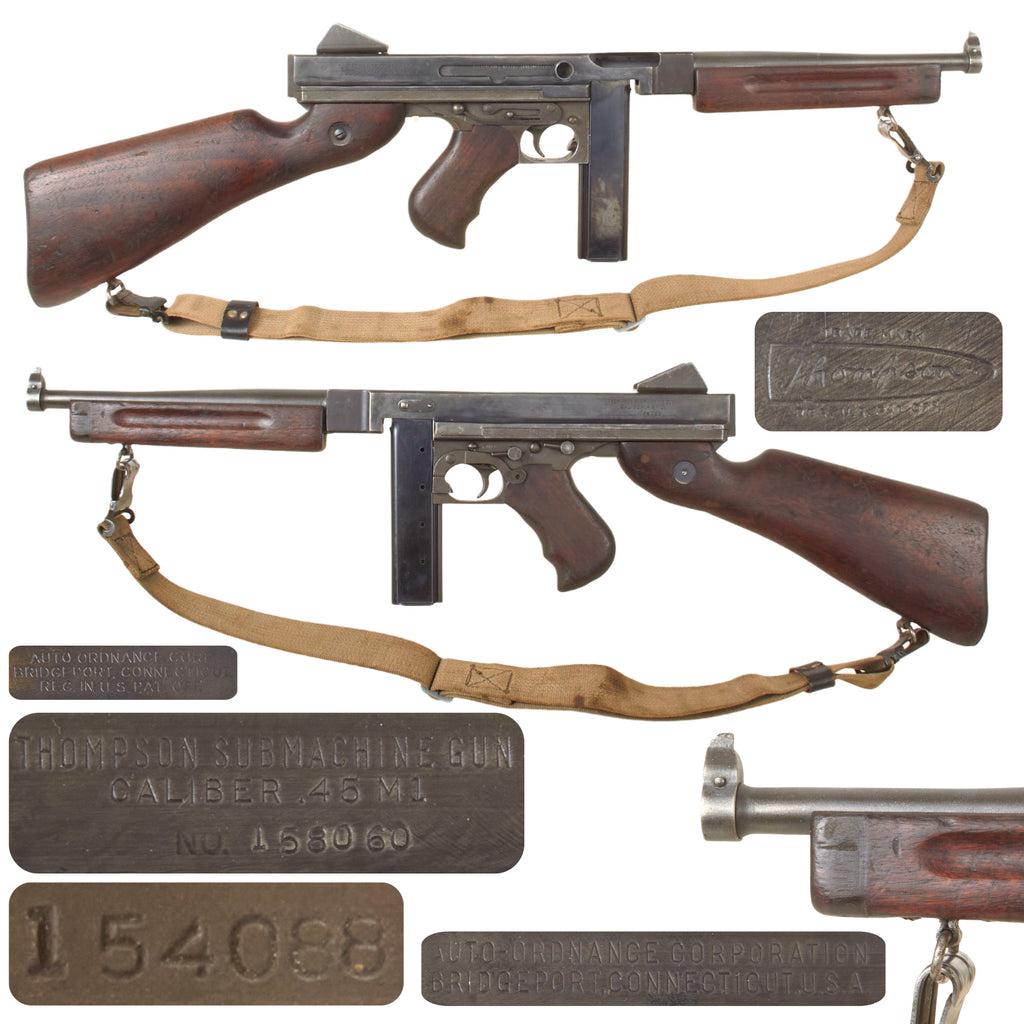 Original U.S. WWII Thompson M1 Display Submachine Gun Serial NO. 158060 with Magazine and Sling - Original WWII Parts
