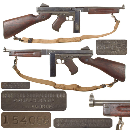 Original U.S. WWII Thompson M1 Display Submachine Gun Serial NO. 158060 with Magazine and Sling - Original WWII Parts