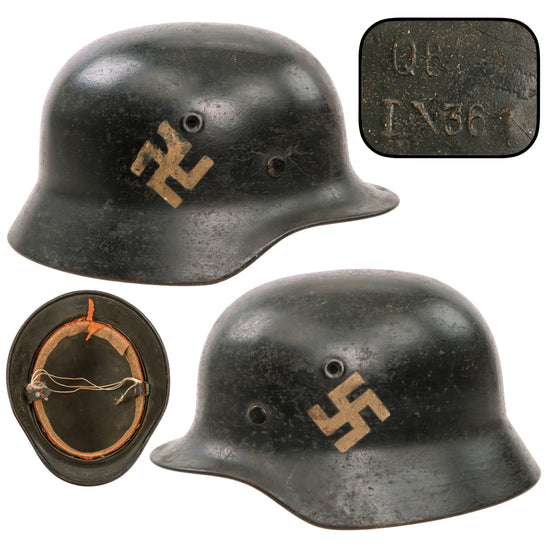 Original German WWII USGI Decorated M40 Steel Helmet Shell with 1940 Dated 56cm M31 Liner, Stamped Q64, Lot No. IN361 Original Items