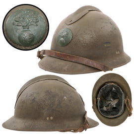 Original French WWII M1926 Adrian Helmet with Chinstrap - Complete - Olive Green