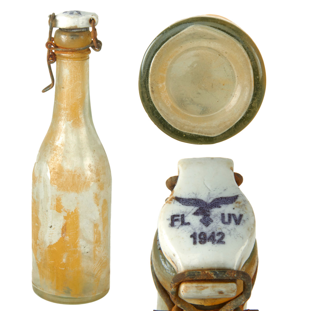 Original German WWII Luftwaffe FL UV Marked Clear Glass Beer or Wine Bottle - Dated 1942