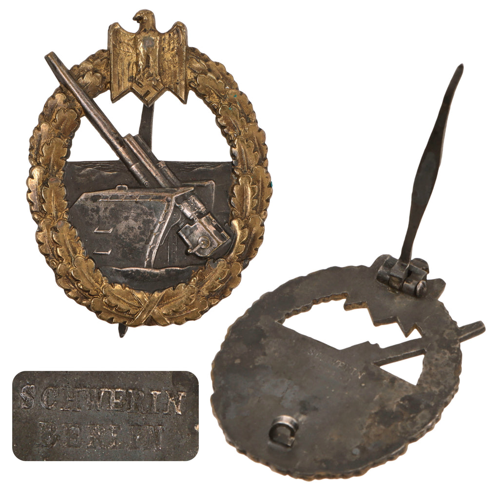 Original German WWII Early Tombak Kriegsmarine Coastal Artillery War Badge by C. Schwerin & Sohn of Berlin