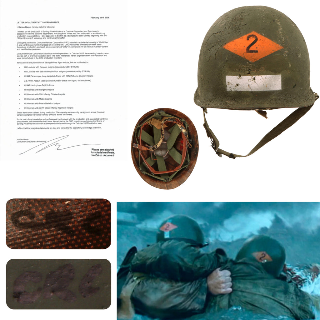 Original U.S. M1 Helmet Used in Saving Private Ryan with Follow Me Stripe – 2nd Ranger Battalion – With Copy of Notarized Letter of Authenticity Original Items