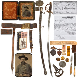 Original U.S. Civil War 3rd Ohio Cavalry Captain John W. Marvin’s Named Saber Belt, 1860 Cavalry Saber, Cased Tintype Photograph, Utensils, GAR Medals & Ribbons, & Unit History with Research Paperwork - Outstanding