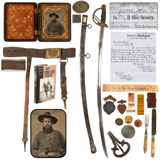 Original U.S. Civil War 3rd Ohio Cavalry Captain John W. Marvin’s Named Saber Belt, 1860 Cavalry Saber, Cased Tintype Photograph, Utensils, GAR Medals & Ribbons, & Unit History with Research Paperwork - Outstanding