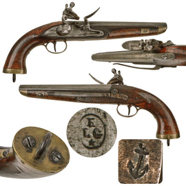 Original Napoleonic Dutch Flintlock Naval Pistol with Liège Proof Mark and Faded Ship Name on Barrel - Circa 1815