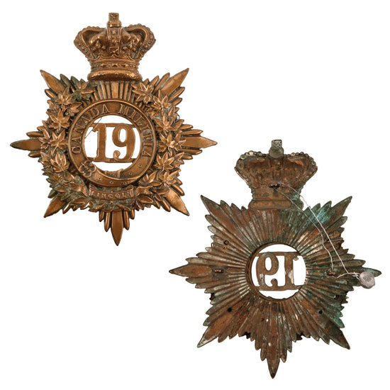 Original Canadian Pre-WWI 19th Militia Lincoln Battalion of Infantry Helmet Plate with Crown & Three Loops - Rare