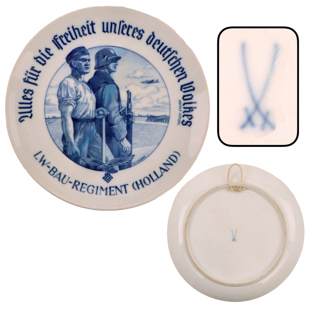 Original German WWII Luftwaffe Construction Regiment Holland Commemorative Porcelain Plate by Meissen, 10" Diameter Original Items