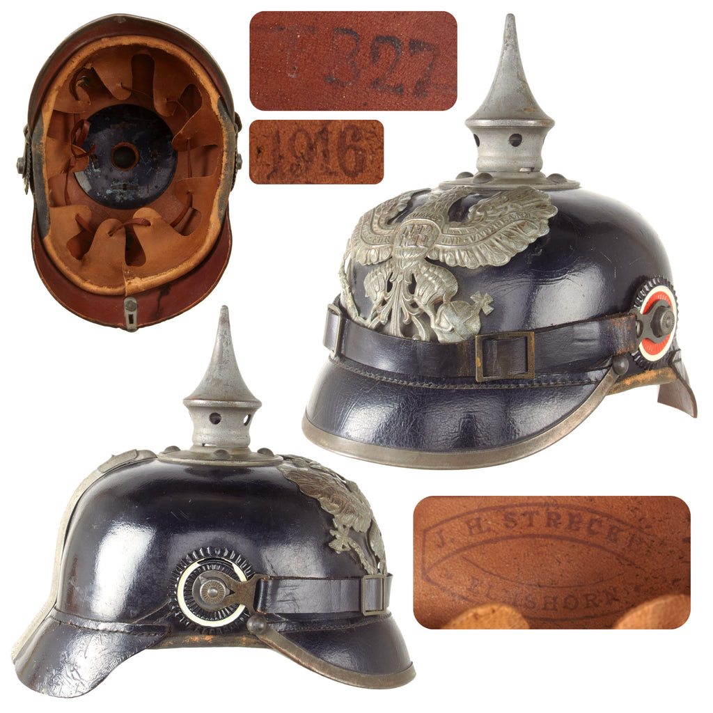 Original Imperial German WWI Prussian Unit-Marked EM/NCO Infantry M1915 Pickelhaube Spiked Helmet with Maker’s Marks & Chinstrap - Size 56