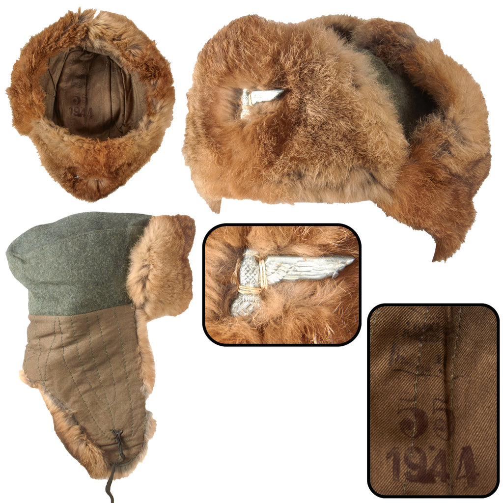 Original German WWII Eastern Front Heer Army 1944-Dated Rabbit Fur Pelzmütze Winter Hat with Faded Maker Marking - Eagle Wing Missing