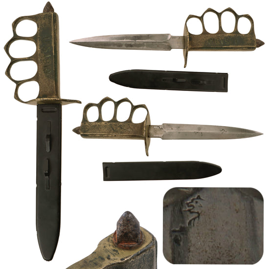 Original U.S. WWI Model 1918 French Made Mark I Trench Knife by AU LION with Reproduction Scabbard