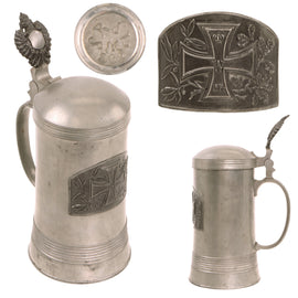 Original Imperial German WWI Era Pewter Lidded Beer Stein with Iron Cross Motif & Maker’s Mark