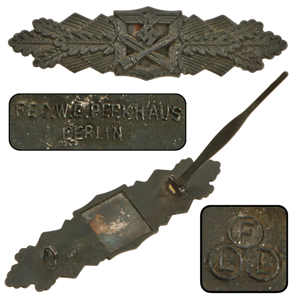 Original German WWII Bronze Close Combat Clasp by Friedrich Linden “FLL” of Lüdenscheid with Backing Plate