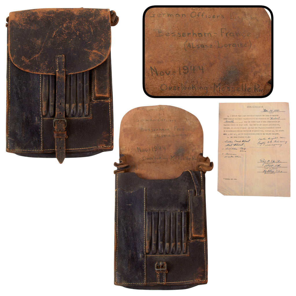 Original German WWII U.S. Captured M35 Black Leather Dispatch Map Case with Inscription & Copy of Capture Paper - Captured at Besserham France in November 1944 Original Items