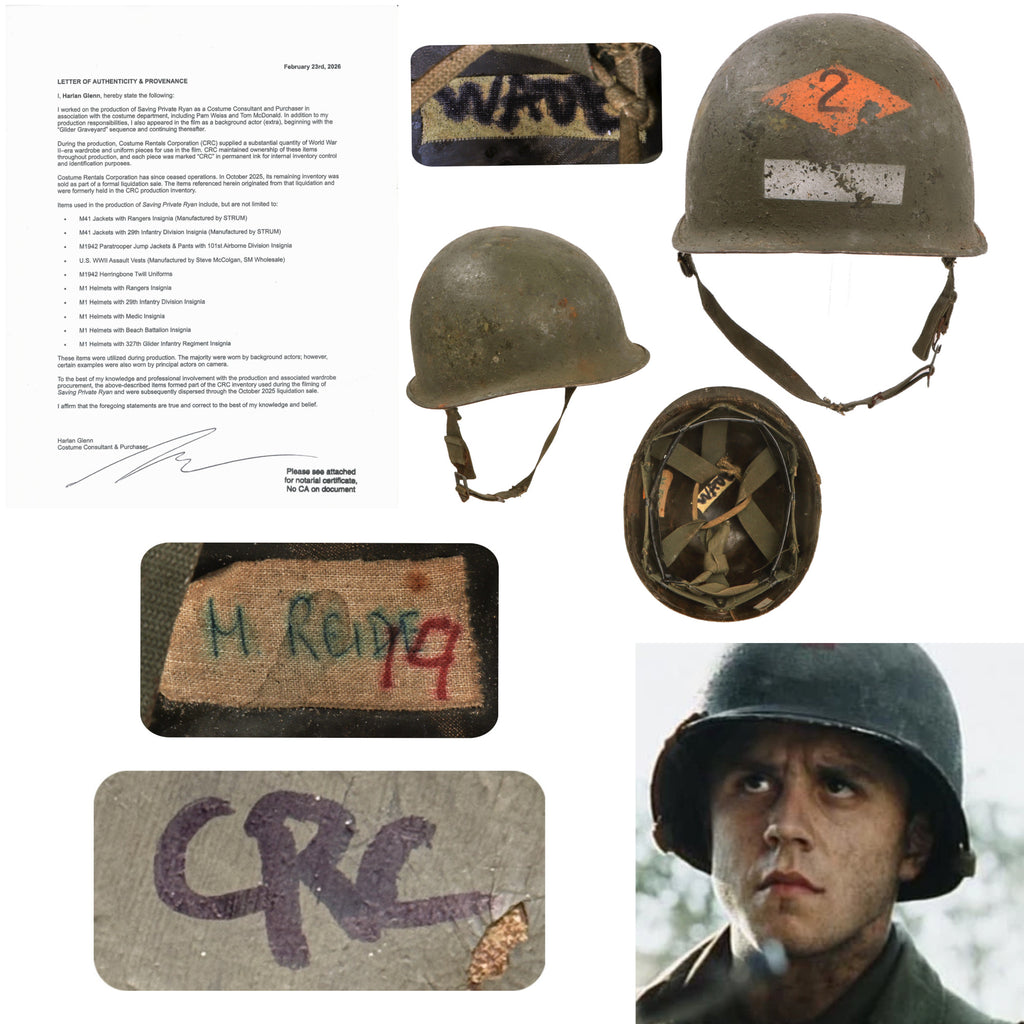 Original U.S. WWII M1 Helmet Worn by Medic Irwin Wade in Film Saving Private Ryan - 2nd Ranger Battalion - Comes with Original Notarized Letter of Authenticity Original Items