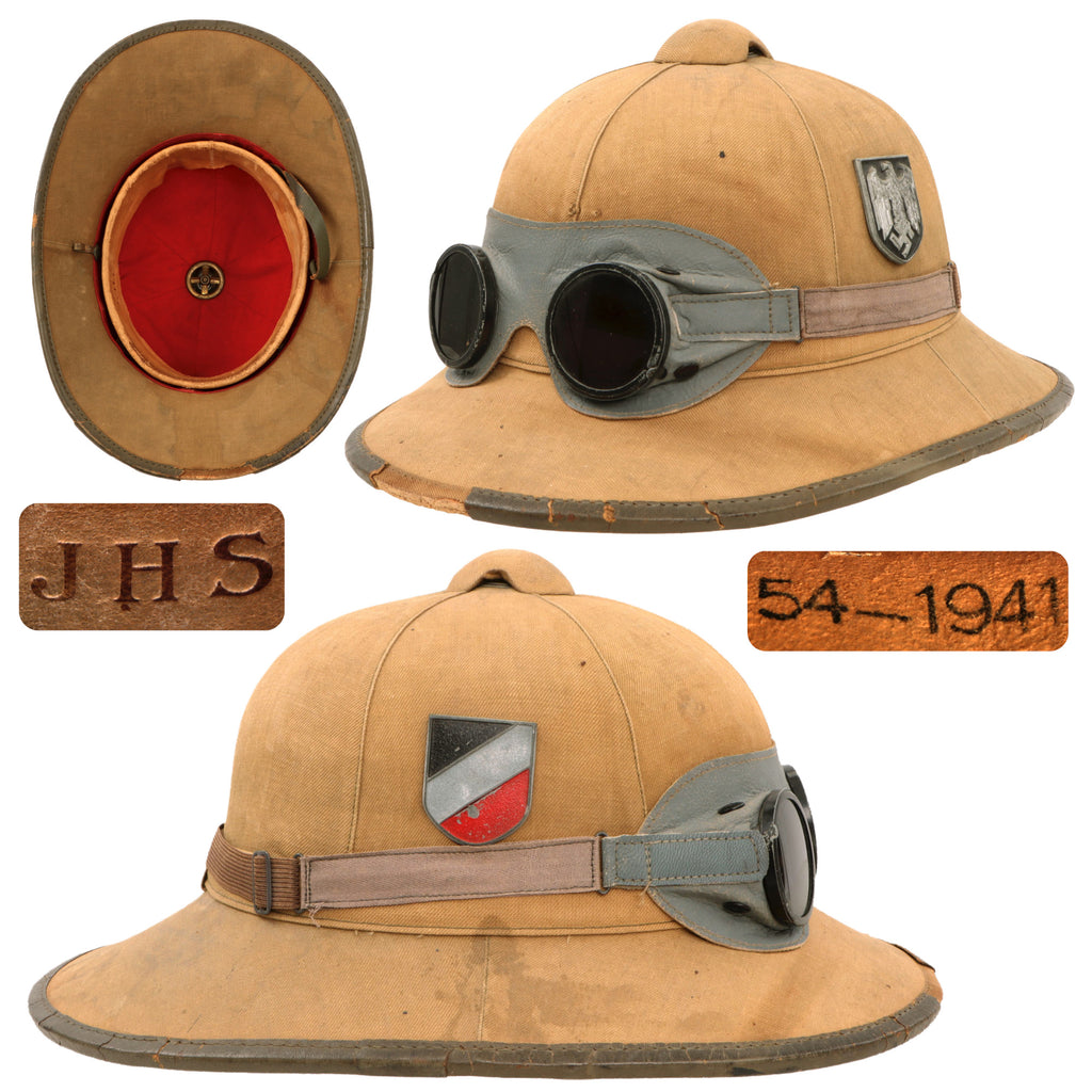 Original German WWII 1941 Dated First Model DAK Afrikakorps Sun Helmet by J.H. Soffel with Ultrasin Goggles - Size 54 Original Items