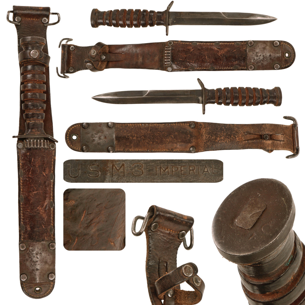 Original U.S. WWII M3 Blade Marked Fighting Knife by Imperial with 1943-Dated M6 Leather Scabbard Original Items