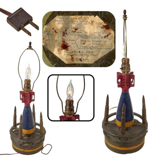 Original U.S. WWII Aberdeen Proving Grounds Inert Artillery Shell Trench Art Lamp with 81mm Mortar, M1 Mine, and Provenance Note - Functional Original Items