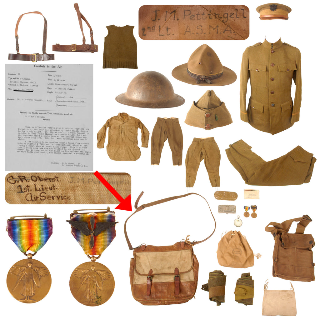 Original U.S. WWI Air Service Lieutenant Uniform & Field Gear Grouping of John M. Pettingell with Musette Bag Also Named to Claire R. Oberst with One Aerial Victory Original Items