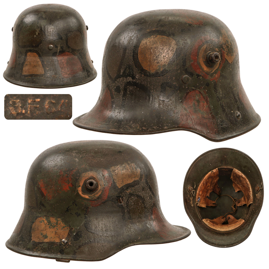 Original German WWI M16 Stahlhelm Combat Helmet with Unique Concentric Camouflage Pattern & M17 Liner - Marked BF64 Original Items